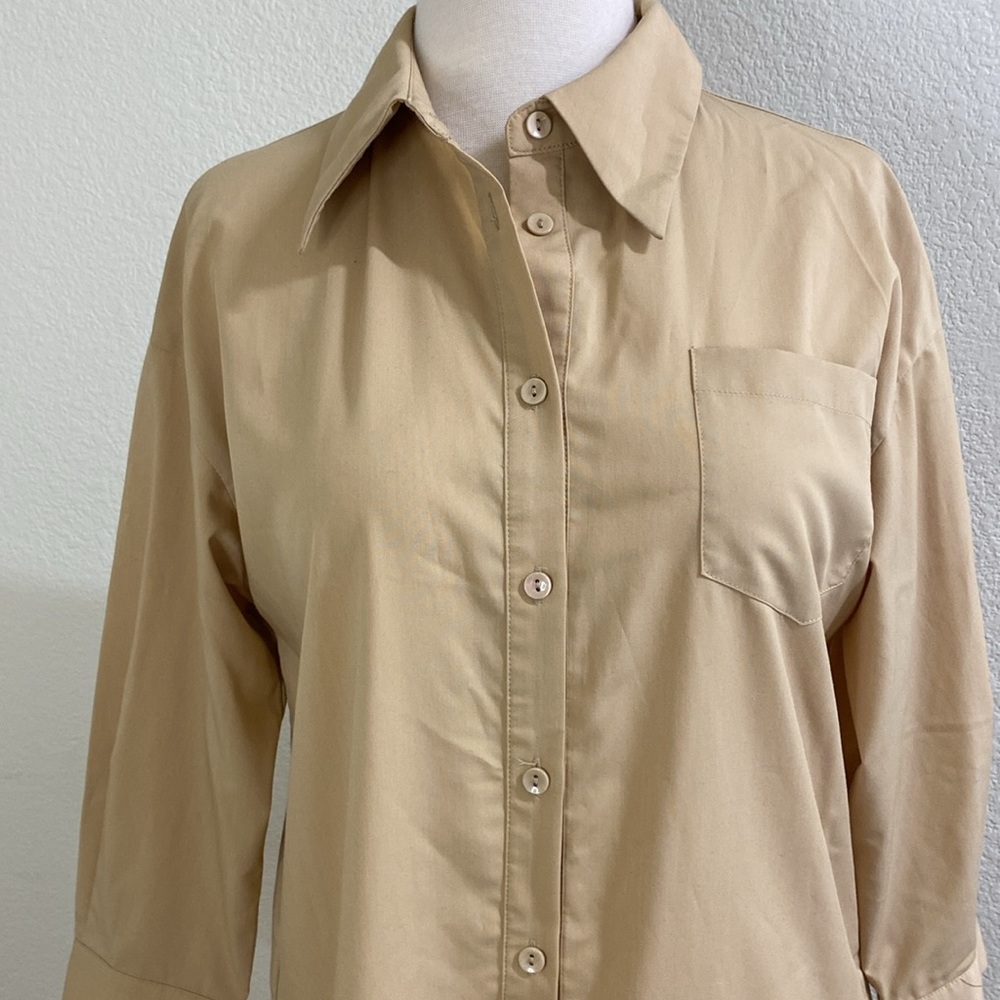 VERA MODA Pleated Beige Shirt Dress - Picture 2 of 6